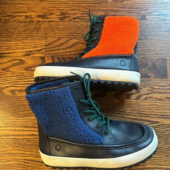 Tory Burch black leather & colorblock fleece yellow/blue/green/red/orange boots - Picture 4 of 10